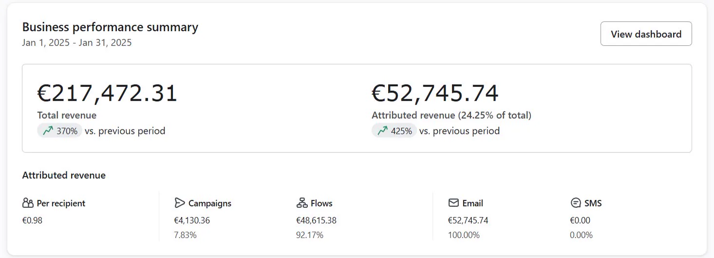 Klaviyo business performance summary, January 1–31, 2025