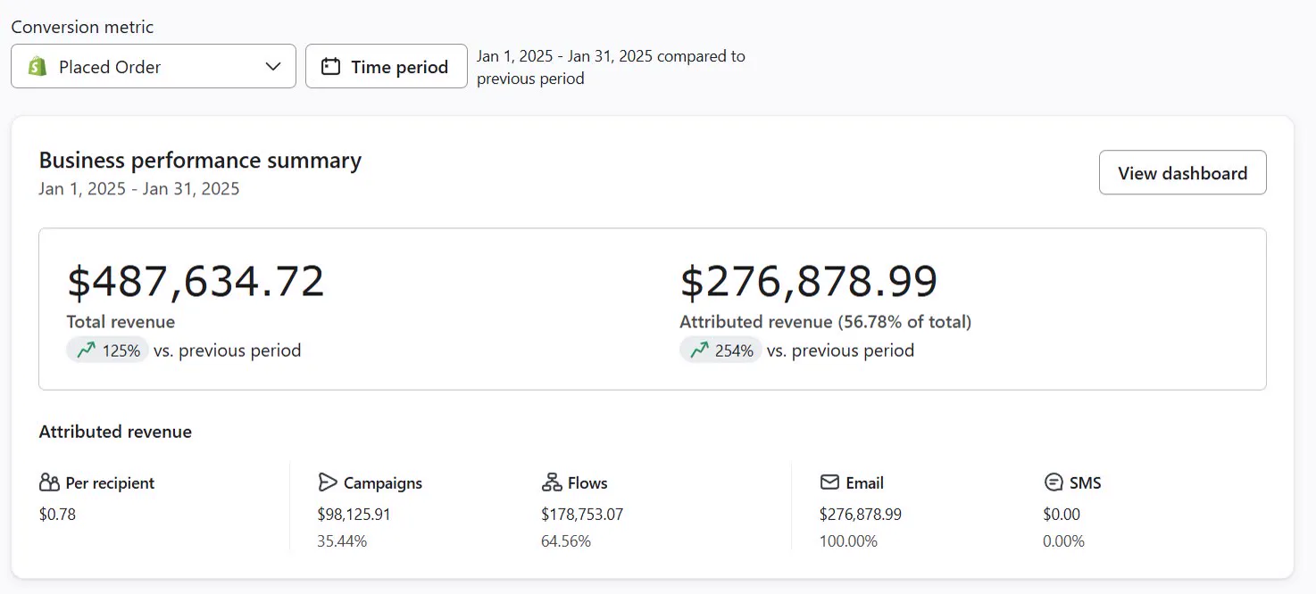 Klaviyo business performance summary, January 1–31, 2025